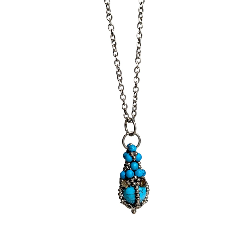 Pam Hiran Turquoise Beaded Cluster‎ Pendant Necklace Silver Tone Boho 18 Inch